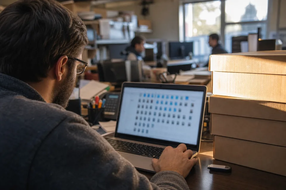 Operations specialist working through a folder of many spreadsheet files on a laptop