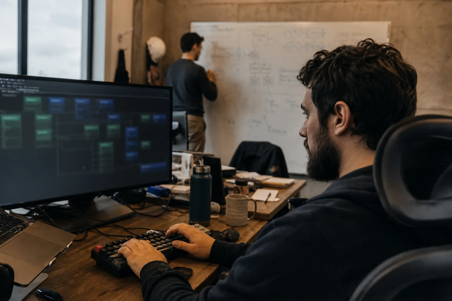 Data engineer reviewing a database schema on a large monitor