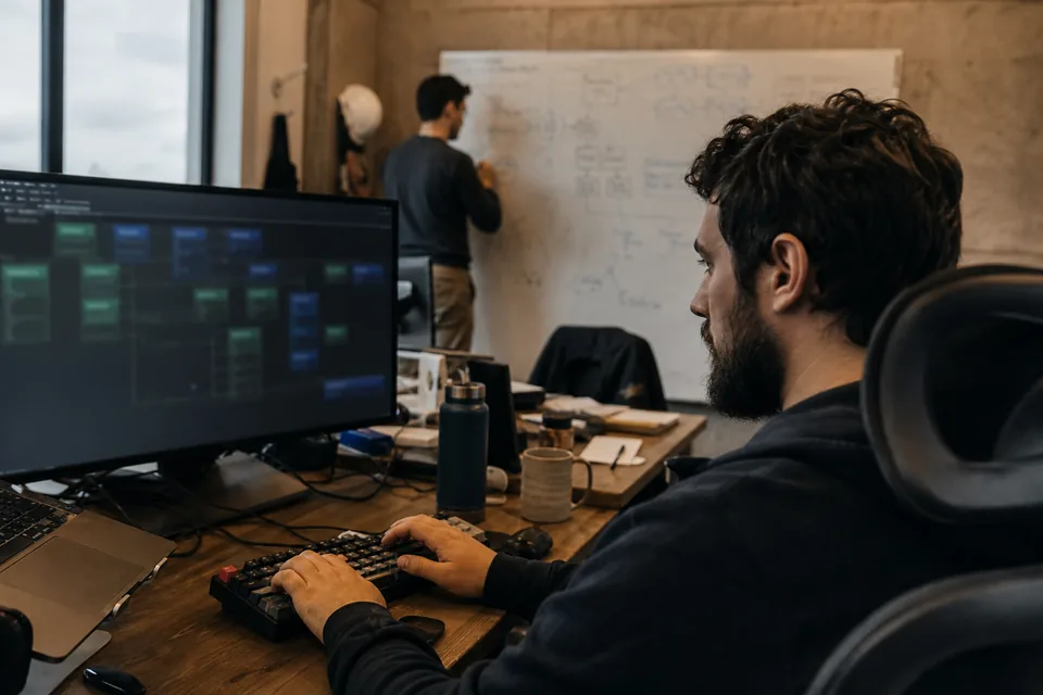 Data engineer reviewing a database schema on a large monitor