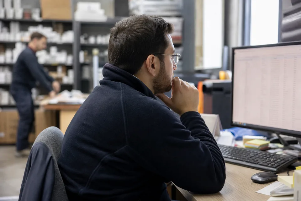 Retail analyst checking a long product export on a monitor