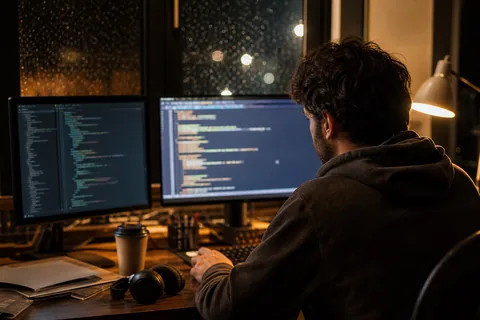 Developer working at dual monitors with code editors at night