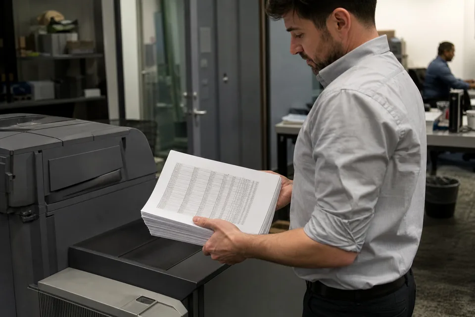 Office manager collecting printed spreadsheet reports from a printer