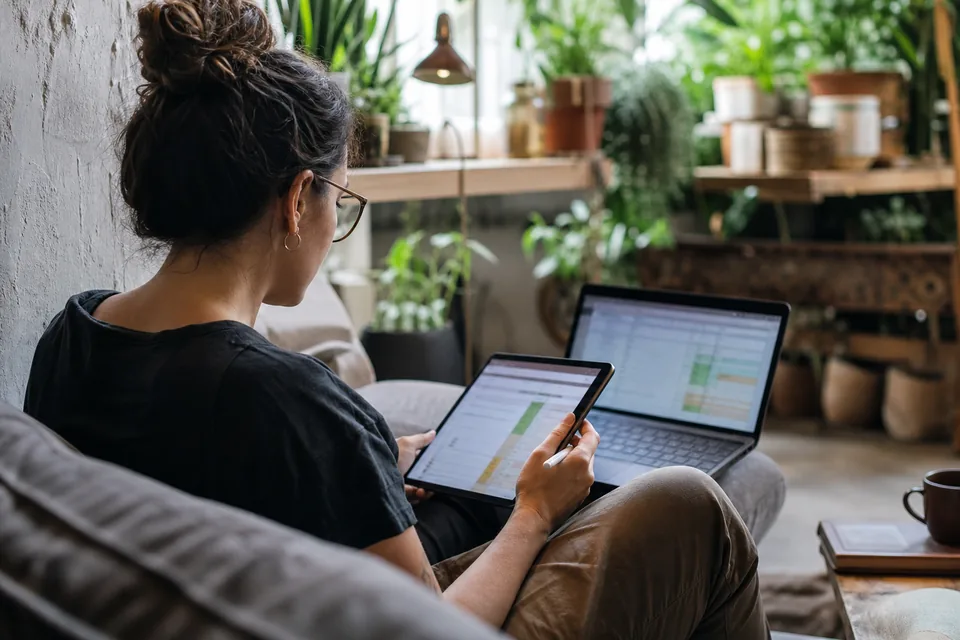 Small business owner editing a spreadsheet on a tablet and a laptop