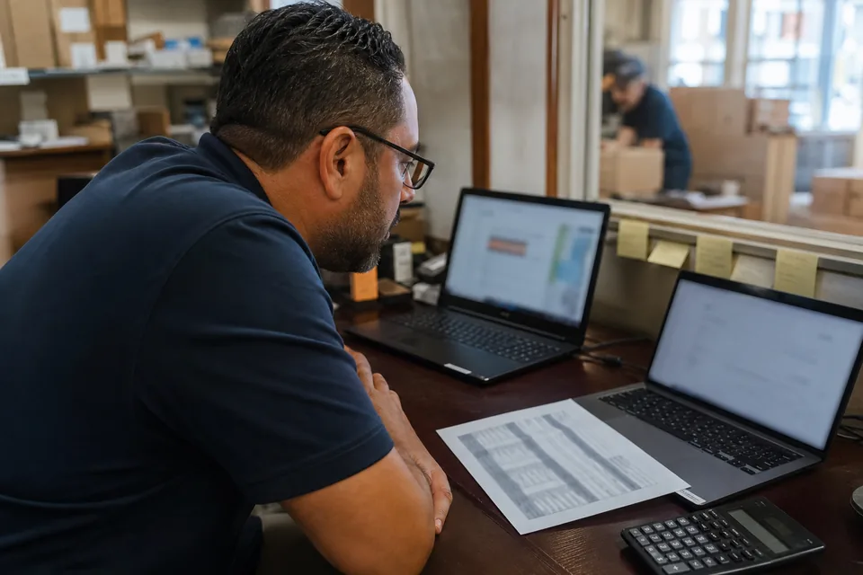 Operations manager comparing two laptops next to a vendor invoice and a calculator