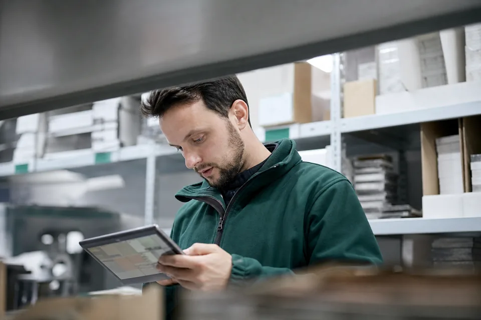 Warehouse manager checking an inventory grid on a tablet